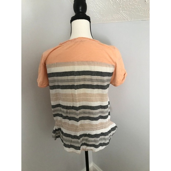 Anthropologie Little Yellow Button Peach and Grey Striped T-Shirt - Picture 2 of 7